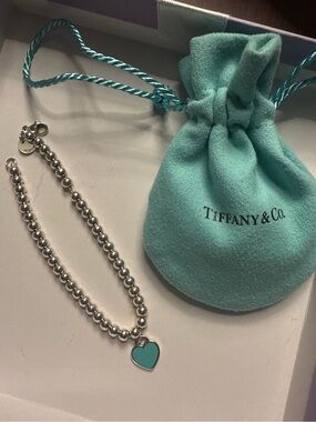 Tiffany & Co. Silver Beaded Bracelet with Blue Heart Charm 🩵🩵🩵